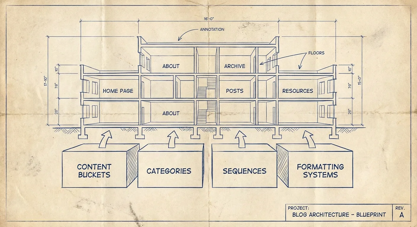 Architectural blueprint style illustration showing blog structure with foundation blocks