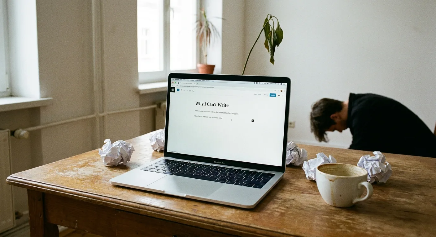 minimalist workspace with laptop showing half-finished blog draft
