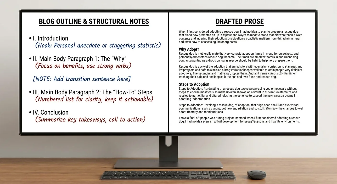 split screen showing detailed blog outline versus finished prose