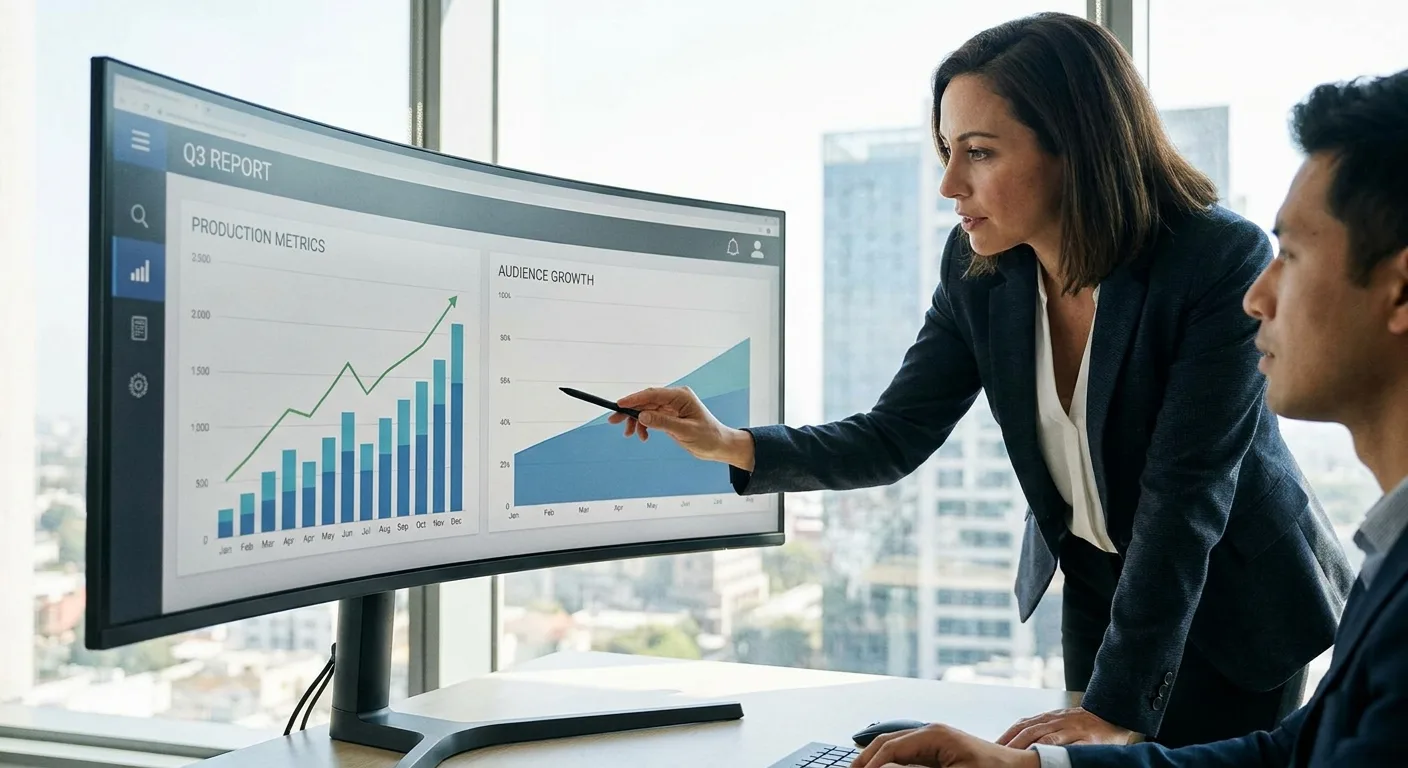business person analyzing production trend graphs on monitor