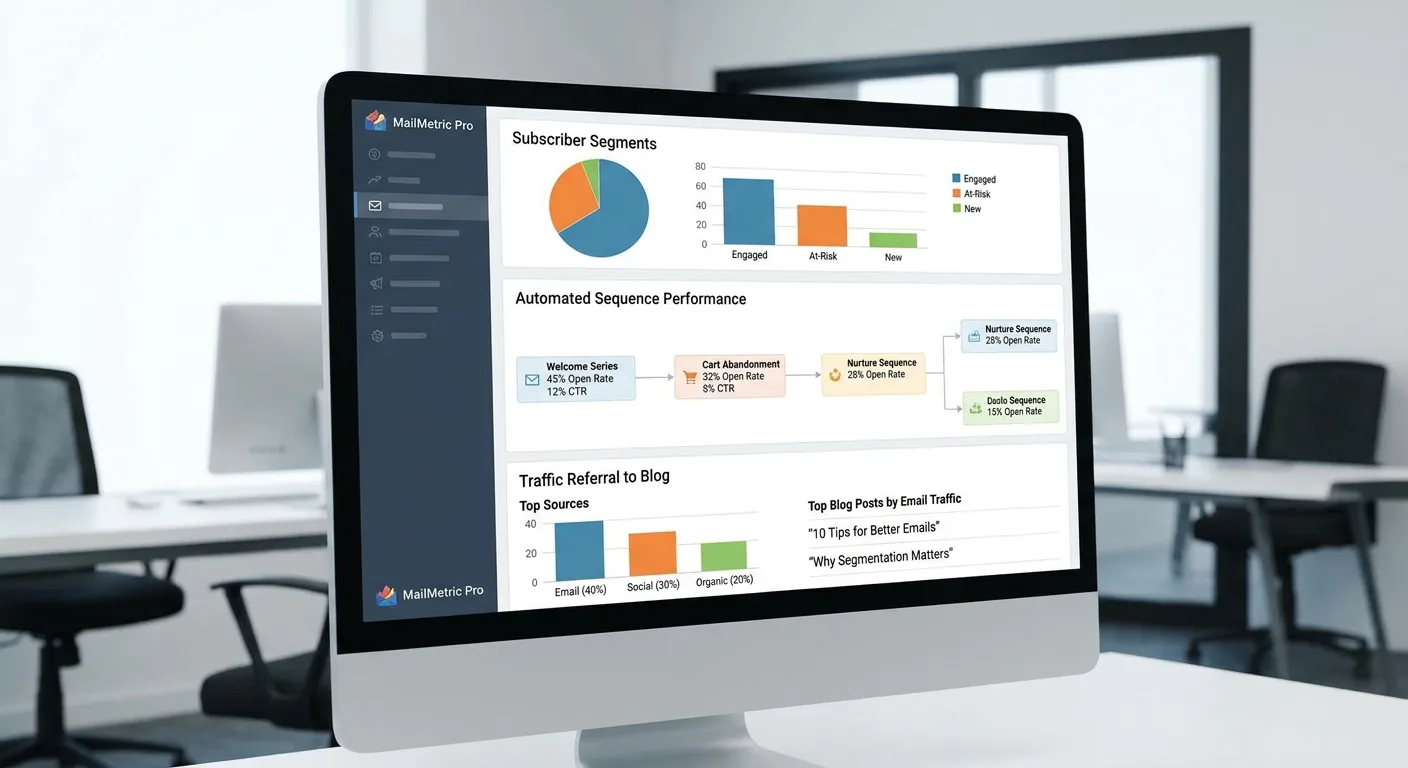 email marketing dashboard showing subscriber segments and automated sequences