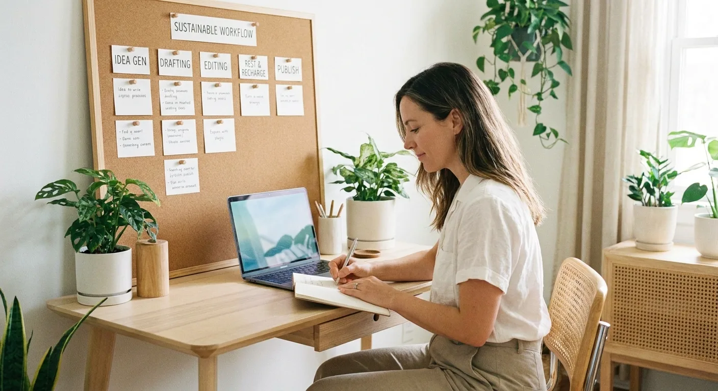organized content creator at clean desk with sustainable workflow