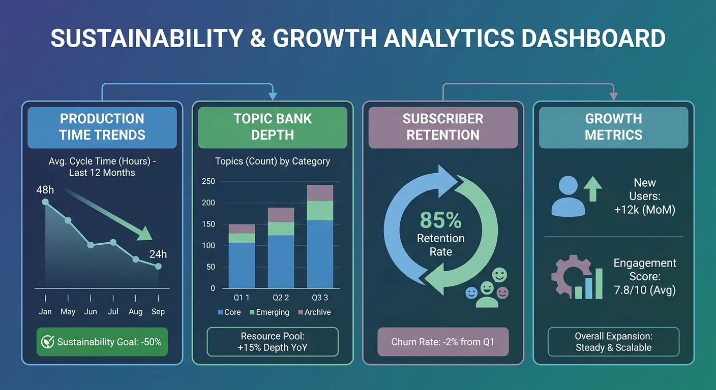 analytics dashboard displaying production time trends and topic bank health